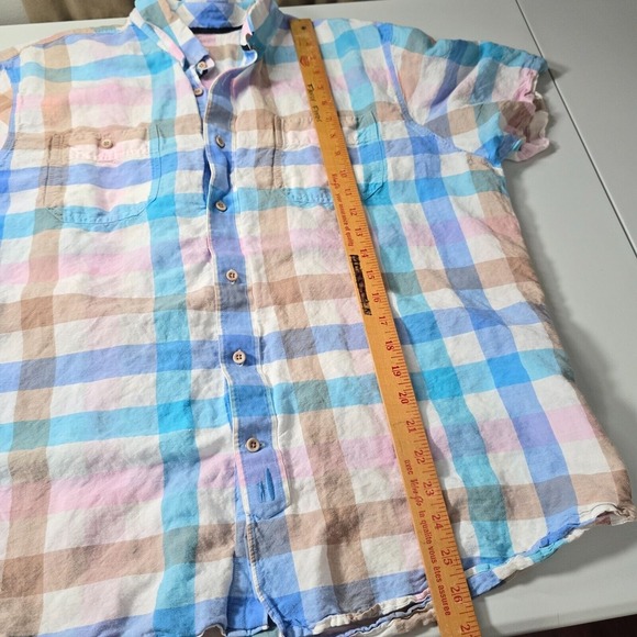Johnnie-O Men Linen Blend Gingham Shirt Size‎ XL Short Sleeve Coastal Casual - Picture 12 of 13